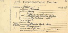 Recenseamento escolar de Vicente Soares, filho de Alberto dos Santos Soares, morador em Almoçageme.