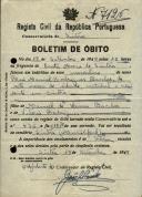 Boletim de óbito de Rui Manuel Rodrigues Bacelar, morador em Sintra, sepultado no coval nº 7126, do cemitério de S. Marçal.