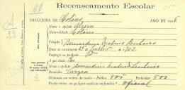 Recenseamento escolar de Alzira Ribeiro, filha de Bernardino Mateus Ribeiro, moradora na Várzea.