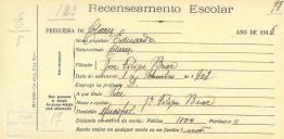 Recenseamento escolar de Eduardo Braz, filho de José Filipe Braz, morador no Mucifal.