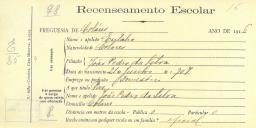Recenseamento escolar de Eulália da Silva, filha de João Pedro da Silva, moradora em Colares.