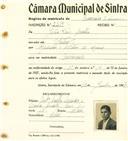 Registo de matricula de carroceiro de 2 animais em nome de João Pais Coelho, morador em Sintra, com o nº de inscrição 2219.