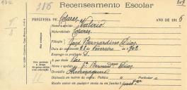 Recenseamento escolar de Valério Dias, filho de José Bernardino Dias, morador em Almoçageme.
