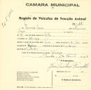 Registo de um veiculo de duas rodas tirado por dois animais de espécie asinina destinado a transporte de mercadorias em nome de Fernando Carim, morador em Sintra.
