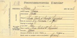 Recenseamento escolar de Sérgio Sequeira, filho de Luiz Paulo Araújo Sequeira, morador em Colares.