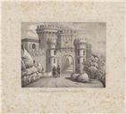 Entrada para o palácio real da Pena na serra de Cintra [Material gráfico] / Charles Legrand. – Lisboa : Manuel Luís da Costa, 1843. – 1 litografia : papel, p & b ; 15 x 20 cm.