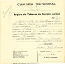 Registo de um veiculo de duas rodas tirado por dois animais de espécie bovina destinado a transporte de mercadorias em nome de António Luís dos Santos Nunes, morador em Lisboa.