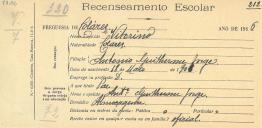 Recenseamento escolar de Vitorino Jorge, filho de António Guilherme Jorge, morador em Almoçageme.