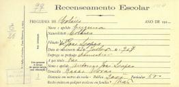 Recenseamento escolar de Eugénia Lopes, filha de António José Lopes, moradora nas Casas Novas.