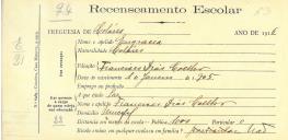 Recenseamento escolar de Engrácia Coelho, filha de Francisco Dias Coelho, moradora no Mucifal.