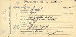 Recenseamento escolar de Aníbal Jorge, filho de José Jacinto Jorge, morador em Almoçageme.