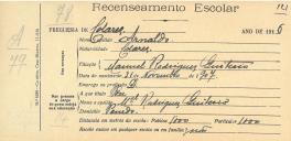 Recenseamento escolar de Arnaldo Quitério, filho de Manuel Rodrigues Quitério, morador no Penedo.