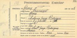 Recenseamento escolar de Francisco Rodrigues, filho de António Jorge Rodrigues, morador na Azoia.