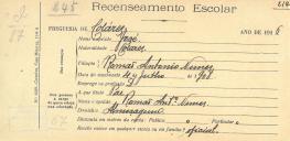 Recenseamento escolar de José Nunes, filho de Romão António Nunes, morador em Almoçageme.