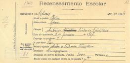 Recenseamento escolar de Irene Faustino, filha de António Teodósio Faustino, moradora em Almoçageme.