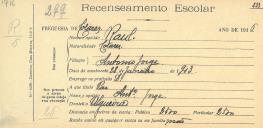 Recenseamento escolar de Raul Jorge, filho de António Jorge, morador na Ulgueira.