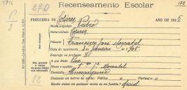 Recenseamento escolar de Pedro Moscatel, filho de Francisco José Moscatel, morador em Almoçageme.