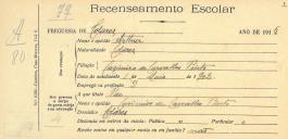 Recenseamento escolar de Artur Pinto, filho de Casimiro de Carvalho Pinto, morador em Colares.