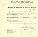 Registo de um veiculo de duas rodas tirado por um animal de espécie asinina destinado a transporte de mercadorias em nome de José Canas Carrasqueiro, morador na Venda Seca.