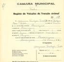Registo de um veiculo de duas rodas tirado por dois animais de espécie bovina destinado a transporte de mercadorias em nome de Joaquim Ludgero Serodio, morador em Almoçageme.