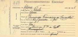 Recenseamento escolar de Paulo Carvalho, filho de Domingos Francisco de Carvalho, morador em Almoçageme.