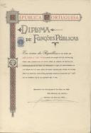 Diploma de Funções Públicas nomeando José Alfredo da Costa Azevedo como Escriturário de 2ª Classe da 1ª Vara Cível da Comarca de Lisboa.