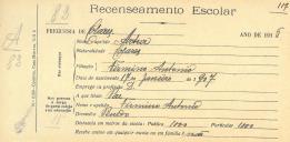 Recenseamento escolar de Artur António, filho de Firmino António, morador no Penedo.
