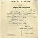 Registo de velocípede de marca L.R.S., com o nº 655, em nome de Amadeu de Castro Guimarães, morador em Penedo, Colares.