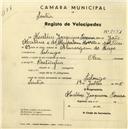 Registo de velocípede de marca Olga, com o nº 2581, em nome de Mateus Joaquim, morador em Sabugo.