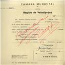 Registo de velocípede de marca R.P., com o nº 2821, em nome de Alberto Duarte Antunes, morador em Akmornos.