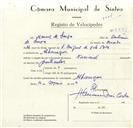 Registo de velocípede de marca Nacional, com o nº 8881, em nome de Manuel de Sousa, morador em Albarraque.