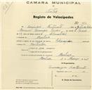 Registo de velocípede de marca Champion, com o nº 943, em nome de Domingos Fortunato, morador em Morelena.
