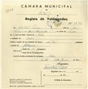 Registo de velocípede com o nº 3715, em nome de Sebastião Pedro, morador em Belas.