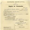 Registo de velocípede com o nº 4156, em nome de António Carlos Giroto, morador em Queluz.