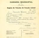 Registo de um veiculo de duas rodas tirado por dois animais de espécie asinina destinado a transporte de mercadorias em nome de Armando Moreira, morador no Massamá.