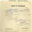 Registo de velocípede de marca Helia, com o nº 164, em nome de José Cândido Castelo, morador em Belas.