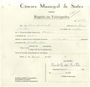 Registo de velocípede de marca Olimpique, com o nº 8681, em nome de António Armando, morador em Cacém.