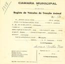 Registo de um veiculo de duas rodas tirado por dois animais de espécie cavalar destinado a transporte de mercadorias em nome de António Filipe Pires, morador em Almoçageme.