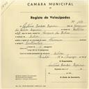 Registo de velocípede com o nº 1349, em nome de Manuel Eduardo Portela, morador em Agualva.
