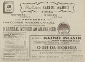 Programa do filme "O General Morreu ao Amanhecer" realizado por Lewis Milestone com a participação de Gary Cooper, Madeleine Carroll,  William Frawley, Dudley Digges, Akim Tamiroff e Porter Hall. 