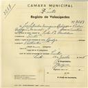 Registo de velocípede com o nº 2619, em nome de José Salvador G. Rodrigues, morador em Sintra.