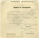 Registo de velocípede de marca Olympique, com o nº 638, em nome de Manuel Isidoro, morador em Odrinhas.