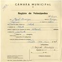 Registo de velocípede de marca Atlantic, com o nº 4233, em nome de Miguel Domingos, morador em Cabrela.