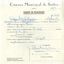 Registo de velocípede de marca Pombal, com o nº 5638, em nome de Álvaro Daniel Oliveira, morador em Sintra.