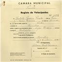 Registo de velocípede de marca Super Riviera, com o nº 1472, em nome de Julieta Pereira Pinto, moradora em Agualva.