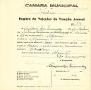 Registo de um veiculo de duas rodas tirado por um animal de espécie asinina destinado a transporte de mercadorias em nome de Crispim Lopes Miranda, morador no Algueirão. 