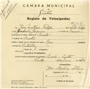 Registo de velocípede de marca Raio, com o nº 4676, em nome de José Matias Filipe, morador em Sacotes.