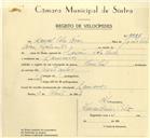 Registo de velocípede de marca Pombal, com o nº 9985, em nome de Manuel Velas Brás, morador em Lameiras.