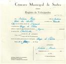 Registo de velocípede de marca Azur, com o nº 8696, em nome de António Maria, morador em Paiões.