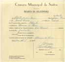 Registo de velocípede com o nº 10040, em nome de Sebastião Joaquim Correia, morador em Manique de Cima.